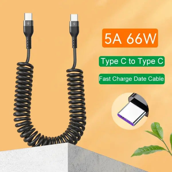 Type C 66W Spring Telescopic Cable PVC for Car 5A Fast Charging - Type-C TO Type-C / 1m