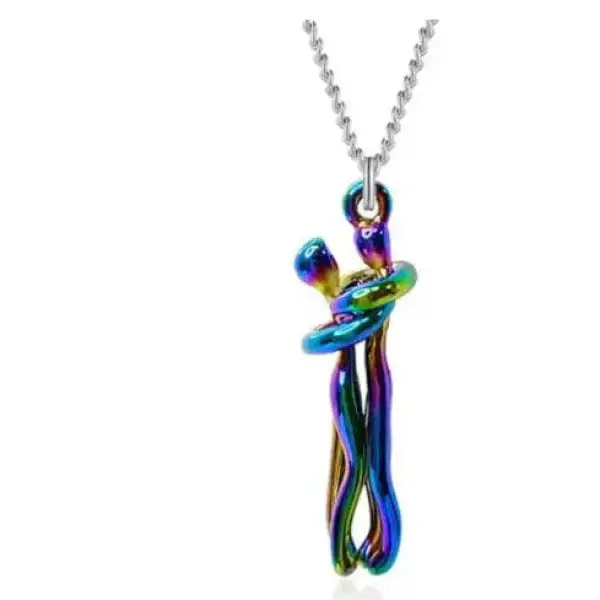 Iridescent rainbow pendant necklace of embracing couple, romantic Valentine’s Day gift