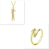 Two-tone gold and silver romantic couple jewelry pendant necklace and ring with embracing figures for Valentine’s Day gifts