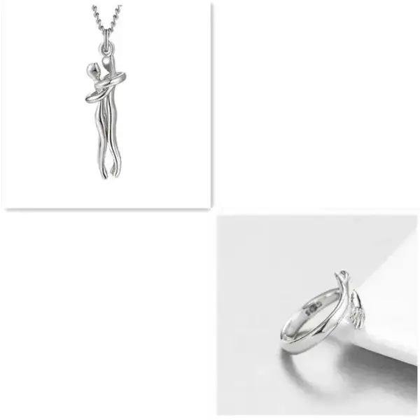 Silver romantic couple jewelry pendant and ring with abstract curves