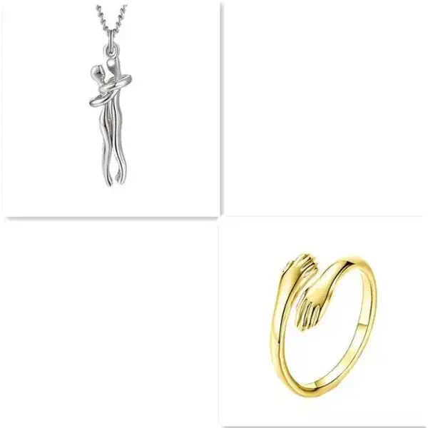 Silver pendant love necklace with abstract figure and gold wrap ring for Valentine’s Day gifts