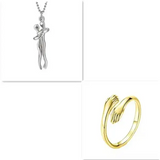 Silver pendant love necklace with abstract figure and gold wrap ring for Valentine’s Day gifts