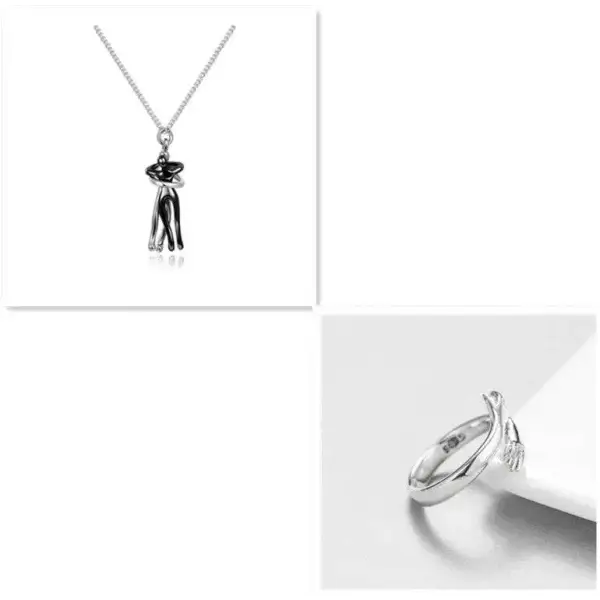 Silver pendant necklace with stylized hatted figure, romantic couple jewelry for Valentine’s Day gifts