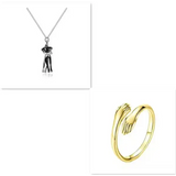 Silver pendant necklace with figure charm and gold-toned hands ring, romantic couple jewelry for Valentine’s Day gifts