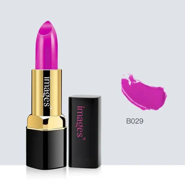 Bright magenta moisturizing lip gloss in black gold tube with swatch