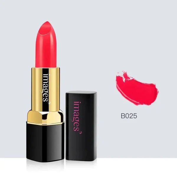 Vibrant moisturizing lip gloss in gold black tube with coral-red B025 swatch