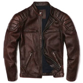 Vintage Brown Genuine Leather Jacket – Slim Fit Cowhide Motorcycle Biker Coat - Himpall