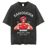Vintage Washed Cotton Anime T-Shirt - Hajime No Ippo Kamogawa Boxing Gym Loose Y2K Hip Hop Tee - black-SHENQ018C / L