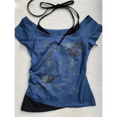 Vintage Y2K Fake Two-Piece Halter Tee - Lace-Up Off-Shoulder Slim Fit Print Top for Women - M / blue