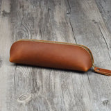 Vintage leather pencil glasses box for secure stationery storage - Dark brown