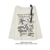 Vintage Y2K Oversized Off-Shoulder T-Shirt - Distressed Hole Print Hip-Hop Baggy Long Sleeve Top - Beige / XS