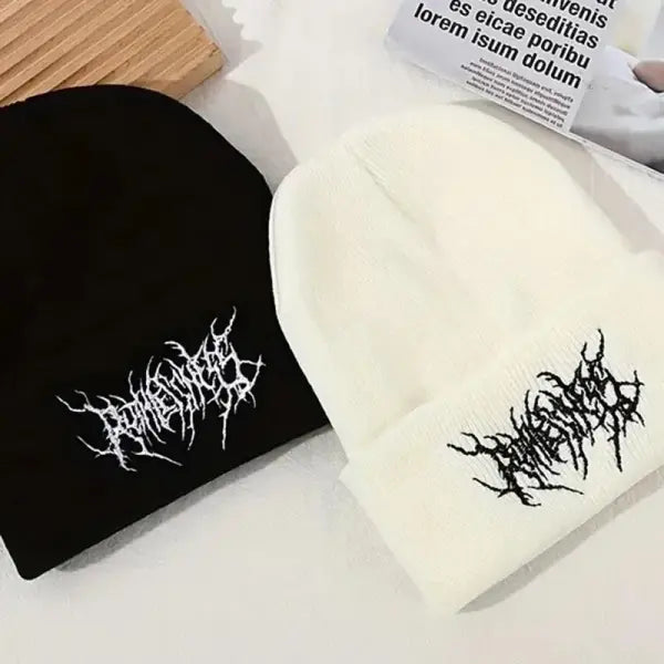 Unisex Gothic Street Punk Knit Winter Beanies Hats - WHITE