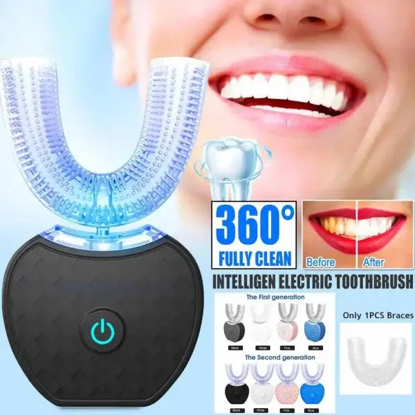 U-shaped waterproof toothbrush with blue LED and 360-degree cleaning for ultimate protection in wet conditions