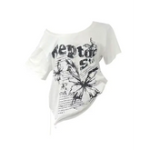 White Cotton Y2K Vintage Butterfly Print Slash Neck Oversize Tee