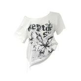 White Cotton Y2K Vintage Butterfly Print Slash Neck Oversize Tee
