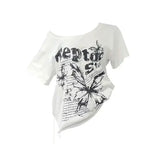 White Cotton Y2K Vintage Butterfly Print Slash Neck Oversize Tee