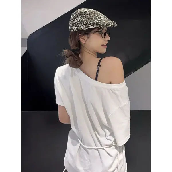 White Cotton Y2K Vintage Butterfly Print Slash Neck Oversize Tee