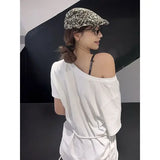 White Cotton Y2K Vintage Butterfly Print Slash Neck Oversize Tee