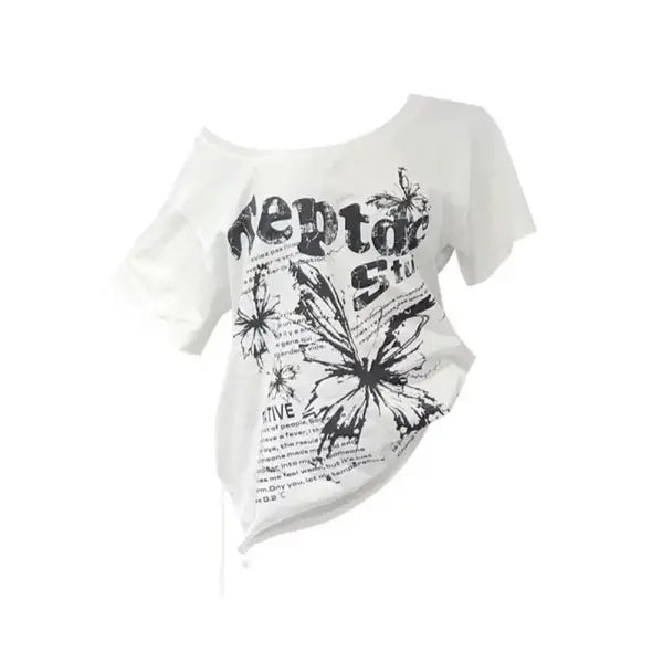 White Cotton Y2K Vintage Butterfly Print Slash Neck Oversize Tee - WHITE / S