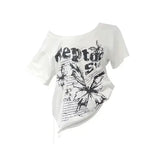 White Cotton Y2K Vintage Butterfly Print Slash Neck Oversize Tee - WHITE / S