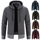 Hooded knit winter coat with textured pattern, zipper closure, long sleeves, and drawstring