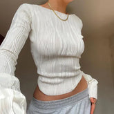 Woman Fashion Casual Ruched Long Sleeve T-shirt Blouses Female White Skinny Cropped Bottoming Shirt 2024 Autumn Y2K Top
