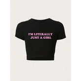 Casual Girl Letter Print Summer Short Sleeve Polyester Tee Top - black-TM136-1 Luqi / S