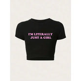Casual Girl Letter Print Summer Short Sleeve Polyester Tee Top - black-TM136-1 Luqi / S