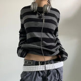 Women Fairy Grunge Knit Black Striped Long Sleeve Y2K Slim Top
