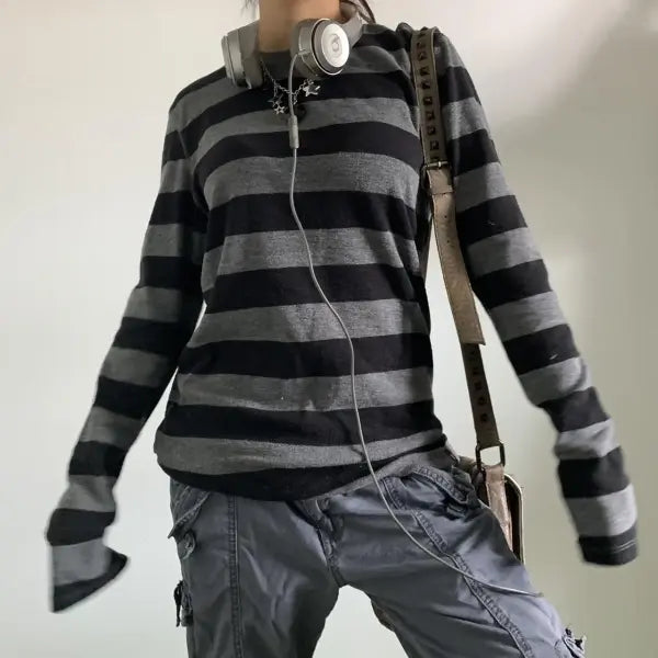 Women Fairy Grunge Knit Black Striped Long Sleeve Y2K Slim Top - Striped / S