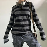 Women Fairy Grunge Knit Black Striped Long Sleeve Y2K Slim Top - Striped / S