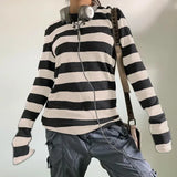 Women Fairy Grunge Knit Black Striped Long Sleeve Y2K Slim Top - black / S