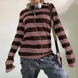 Women Fairy Grunge Knit Black Striped Long Sleeve Y2K Slim Top - Dark Brown / XL
