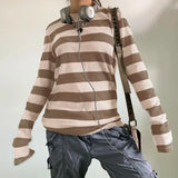 Women Fairy Grunge Knit Black Striped Long Sleeve Y2K Slim Top