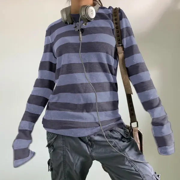 Women Fairy Grunge Knit Black Striped Long Sleeve Y2K Slim Top - Blue / XL