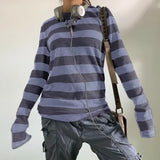 Women Fairy Grunge Knit Black Striped Long Sleeve Y2K Slim Top - Blue / XL