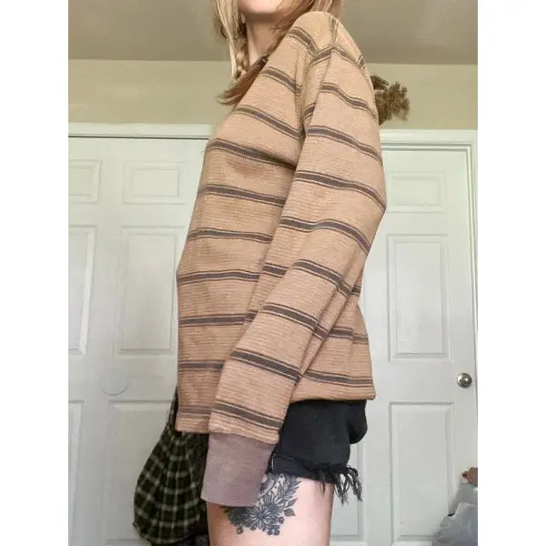 Women Fairy Grunge Knit Black Striped Long Sleeve Y2K Slim Top