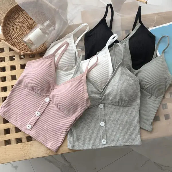 Women Knitted Tank Strap Vest Pure Cotton Button Crop Top Style