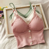 Women Knitted Tank Strap Vest Pure Cotton Button Crop Top Style
