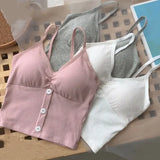 Women Knitted Tank Strap Vest Pure Cotton Button Crop Top Style