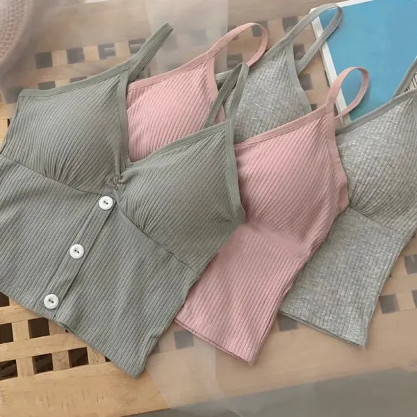 Women Knitted Tank Strap Vest Pure Cotton Button Crop Top Style
