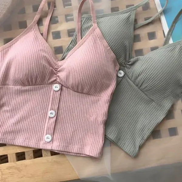 Women Knitted Tank Strap Vest Pure Cotton Button Crop Top Style