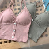 Women Knitted Tank Strap Vest Pure Cotton Button Crop Top Style