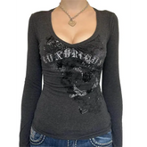 Women’s Y2K Gothic Graphic T-Shirt - Long Sleeve Punk Grunge Aesthetic Top for Spring & Fall