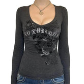 Women’s Y2K Gothic Graphic T-Shirt - Long Sleeve Punk Grunge Aesthetic Top for Spring & Fall