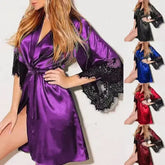 Women’s French Sexy Silky Satin Night Gown & Lace Robe Set with G-String