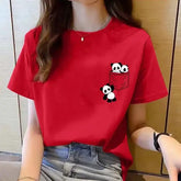 Pocket panda cartoon t-shirt with tatting decoration and appliques