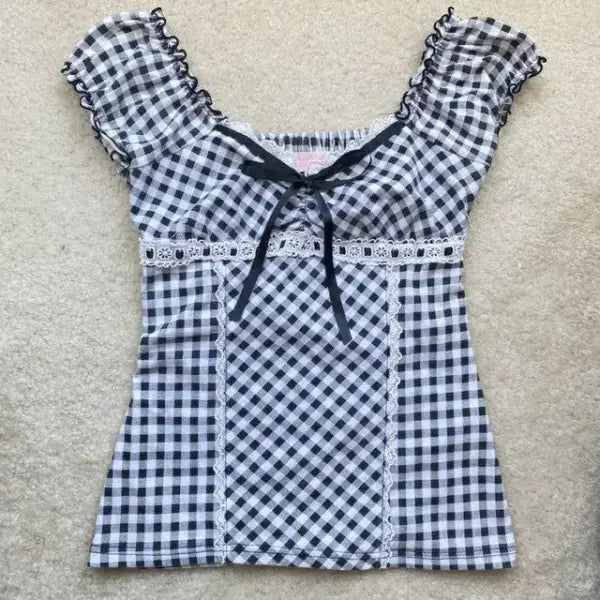 Women Square Neck Plaid Bow Y2K Streetwear Shirt Elegant Short Top
