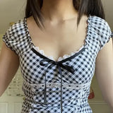 Women Square Neck Plaid Bow Y2K Streetwear Shirt Elegant Short Top