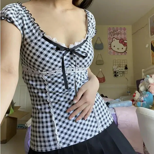Women Square Neck Plaid Bow Y2K Streetwear Shirt Elegant Short Top